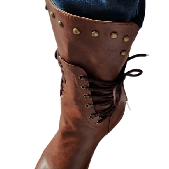 Women Brown Tan Leather Strappy Tie Back Zipper Studded Winter Boot/CN 38/US 7 - Picture 14 of 16
